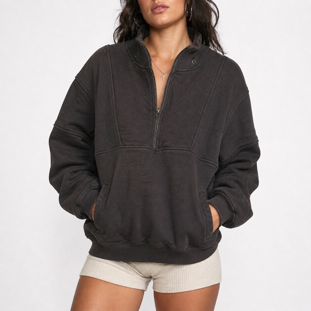 Joah Brown Quarter Zip Pullover Sweatshirt Women's S/M Black Ribbed‎ Trim